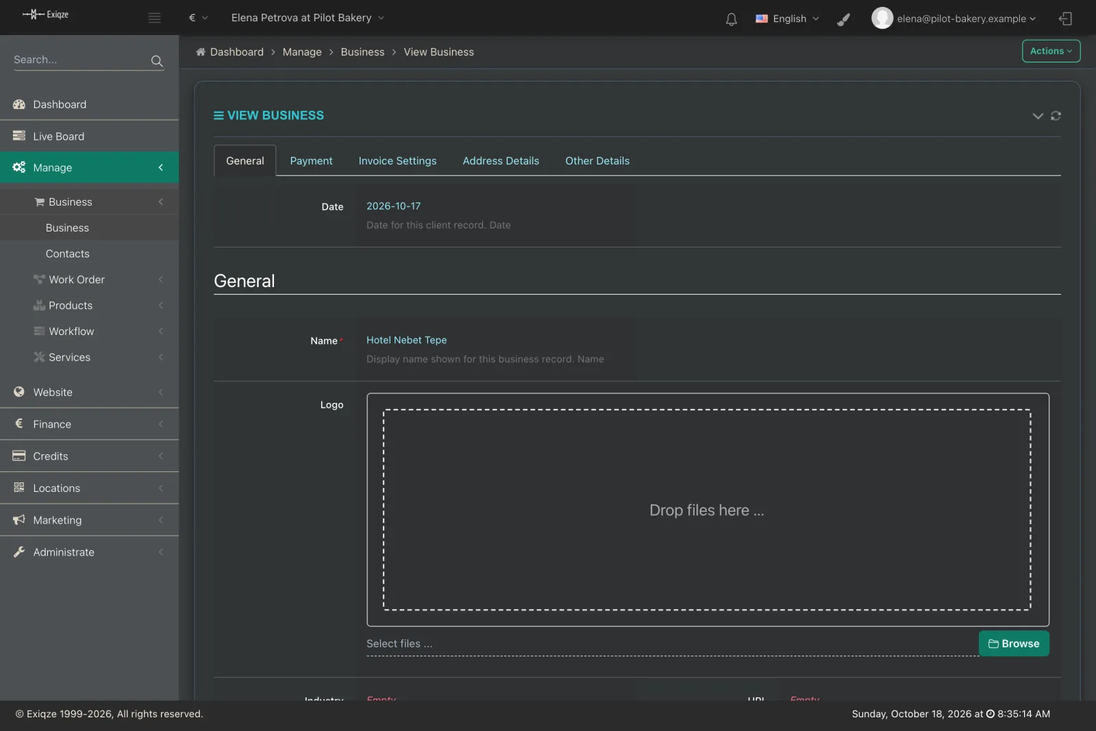 Client record with payment, invoice and address tabs