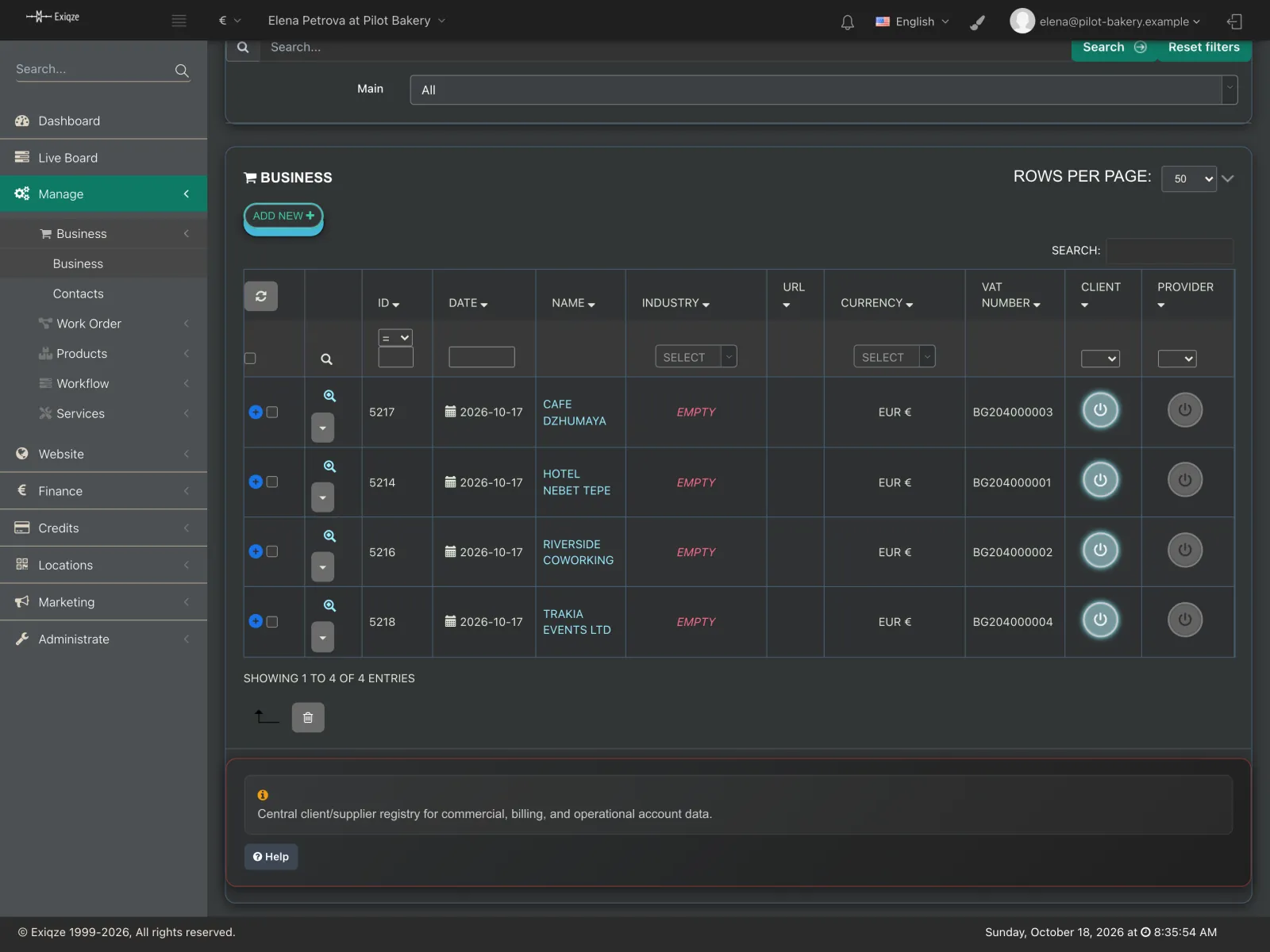 Client list with VAT numbers and currencies