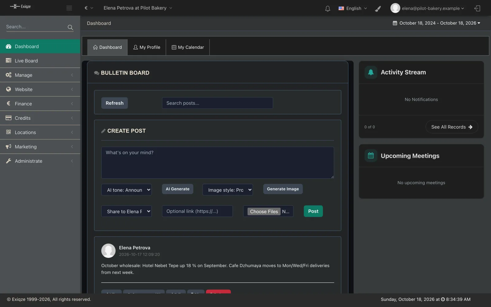 Exiqze dashboard: bulletin board, activity stream and meetings in one screen