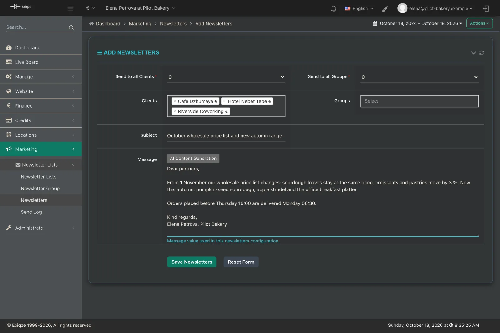 Newsletter composer with client groups