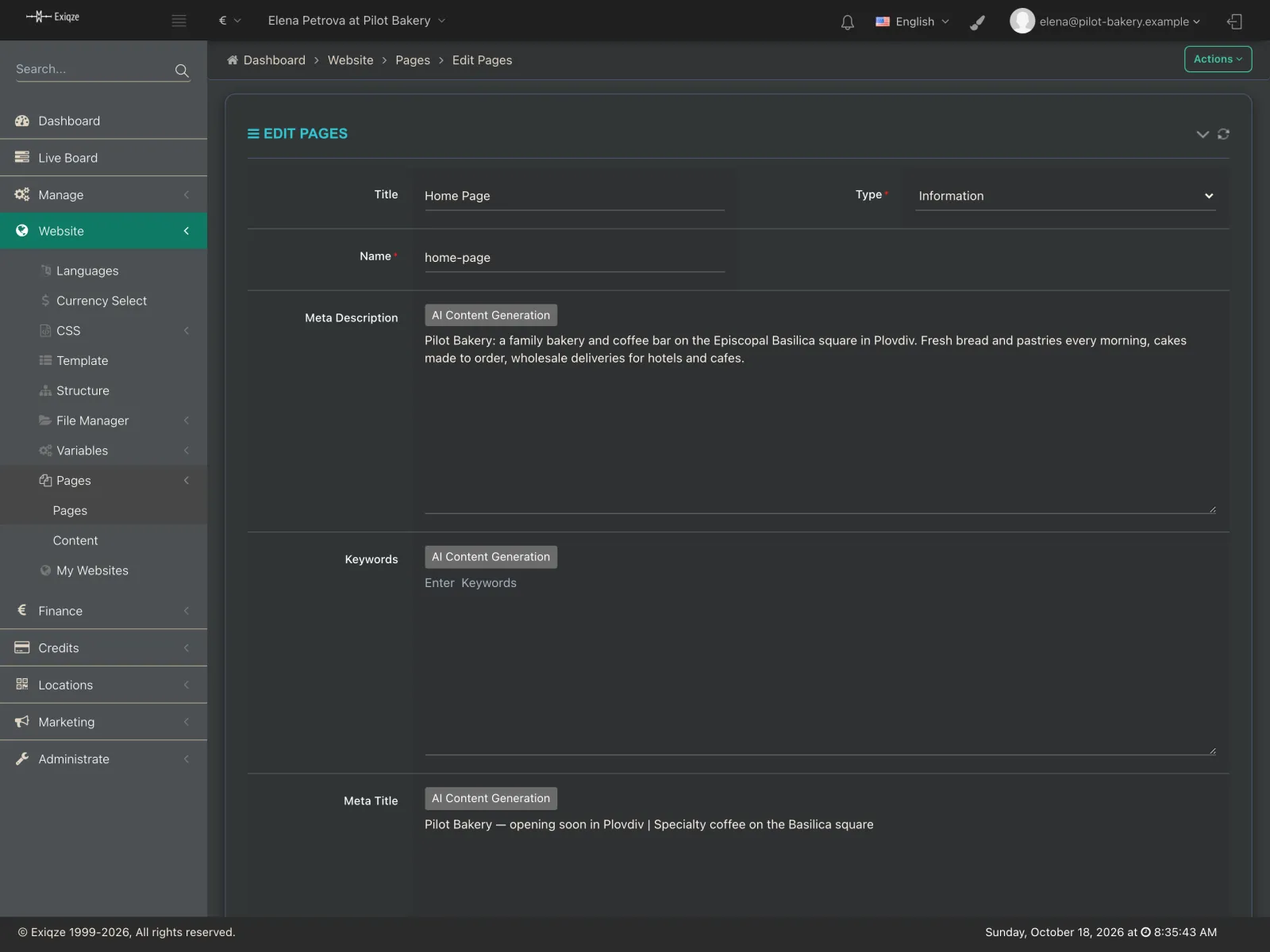 Website page editor with built-in meta title, description and keywords