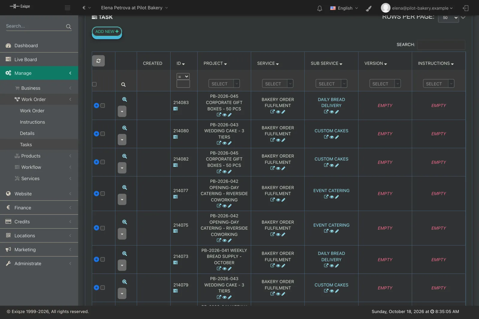 Task list with service, sub-service and deadline