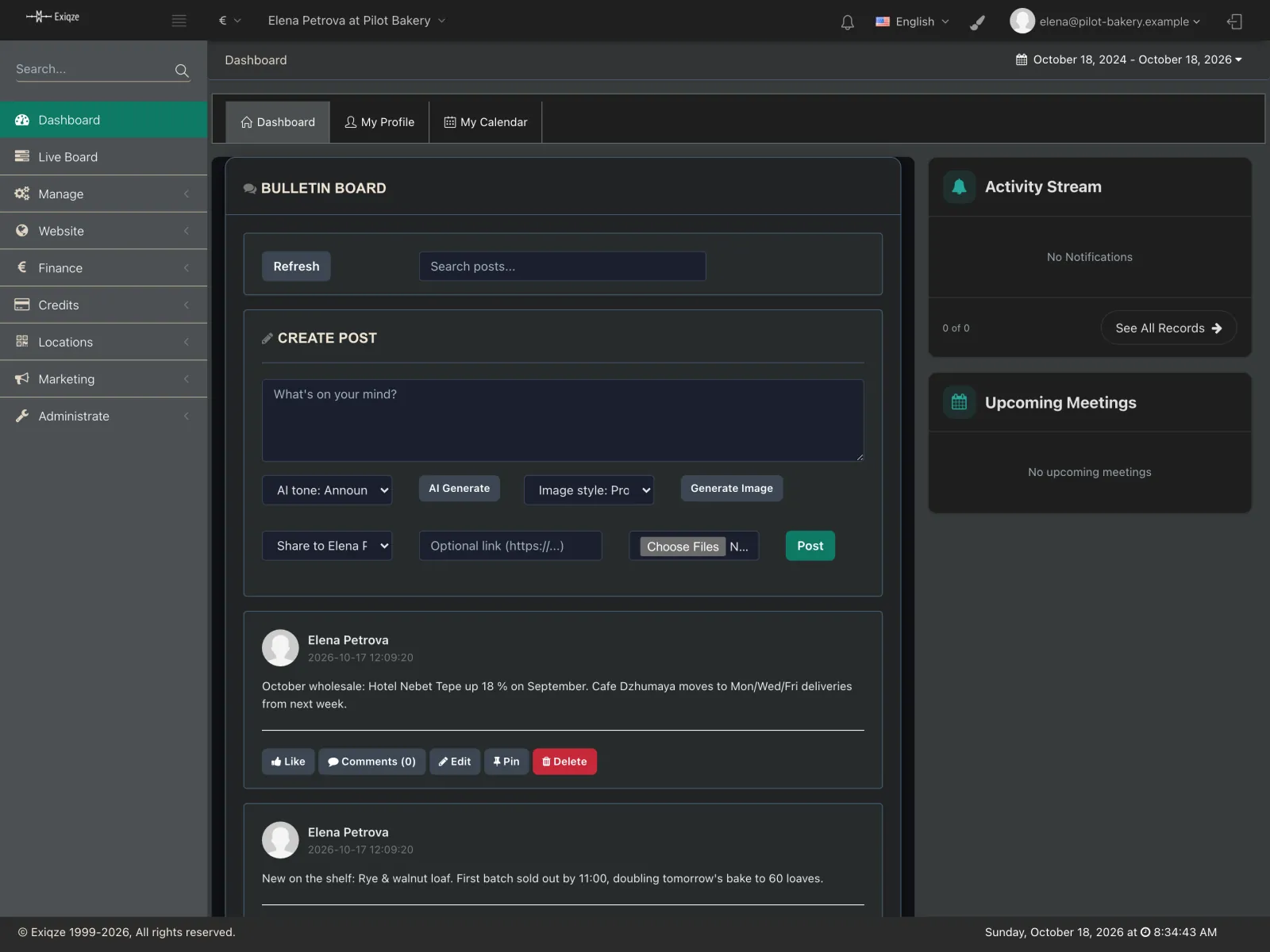 Exiqze dashboard with bulletin board and activity stream